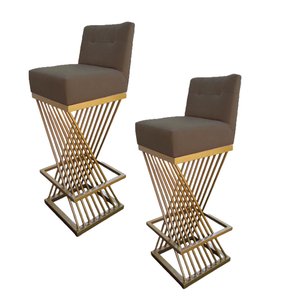 Kit 02 Banquetas Luma Base de Ferro Sued Marrom Rato - D'classe Decor