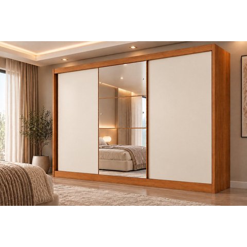 Guarda Roupa Casal com Espelho 3 Portas 6 Gavetas Wood Marrom/Cinamomo Fendi