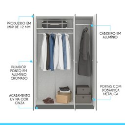Guarda-roupa Solteiro 3 Portas 2 Cabideiros 112x175cm London Cinza 6503 - 3