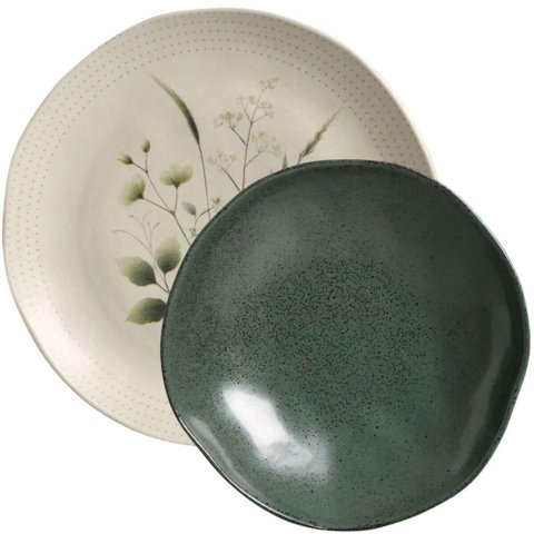Kit Prato Raso 26,5cm e Fundo 21cm Ammi Arauco Cerâmica Porto Brasil Floral Verde 2pç