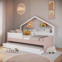 Ver imagem 1 de Cama Infantil Moldura Casinha para Colchão 0,88 x 1,88 Cor Branco com Rosa com Cama Auxiliar
