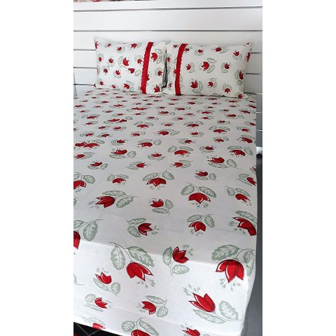 Jogo de Cama Queen Malha de Algodão 3 Peças Flor Vermelha