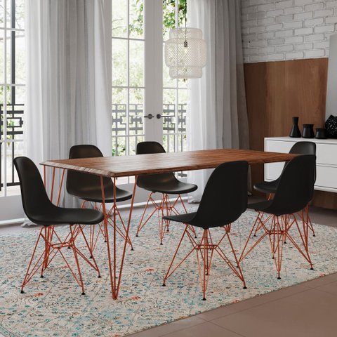 Conjunto Mesa de Jantar Industrial Clips Amêndoa 135x75 6 Cadeiras Eiffel Pretas de Ferro Cobre