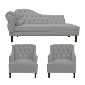 Kit Divã Cancun 160cm Braço Direito + 2 Poltronas Genesis com Strass Suede: Cinza