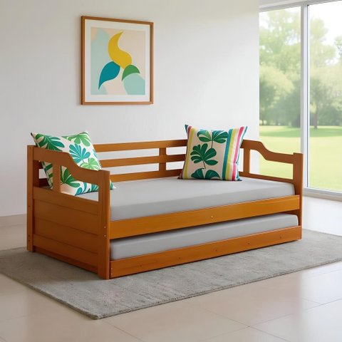 Sofá Cama de Madeira Maciça 2 Lugares com Cama Auxiliar Imbuia