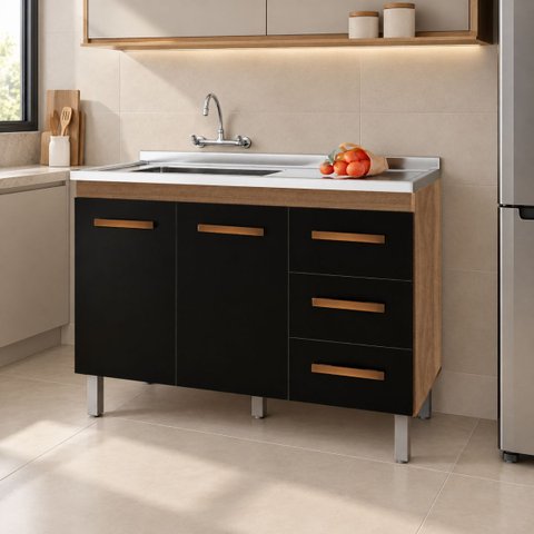 Balcão Gabinete Pia Cozinha sem Tampo 120cm 2 Porta 3 Gaveta Cor:Savana Preto