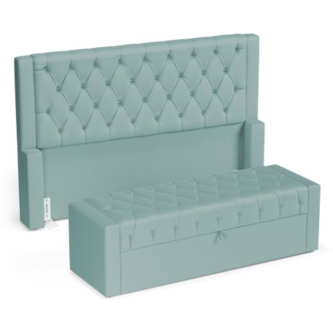 Cabeceira e Calçadeira Báu King Size Atena 195cm Capitonê Veludo Acqua - Desk Design