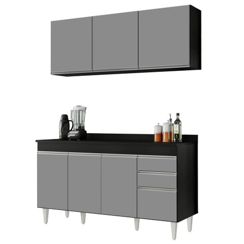 Armário Aéreo Argélia e Balcão Gabinete 150cm Marrocos Preto/Cinza - Lumil Lumil Móveis
