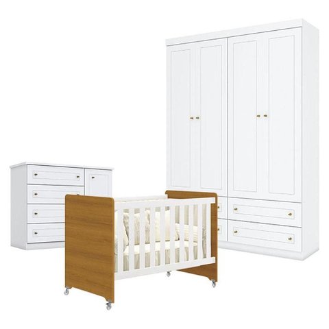 Quarto de Bebê Americano 4 Portas com Berço Americano Evolution 4 em 1 Branco Acetinado Savana
