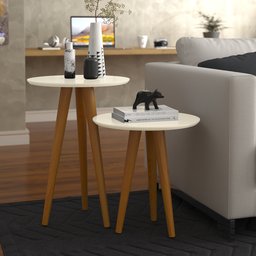 Conjunto de Mesinhas de Canto Retro Pés de Madeira: Off White - 2