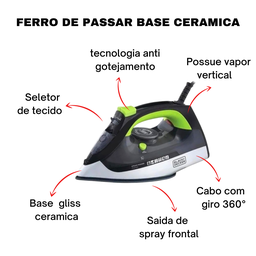 Ferro Passar Roupa a Vapor BlackDecker Base Cerâmica Eletrico 110/127V 1200w Fx2700 - Voltagem 110/1 - 7