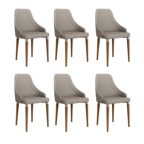Conjunto de 6 Cadeiras de Madeira Maciça Evelyn Natural com Champanhe e Linho Mescla Cinza