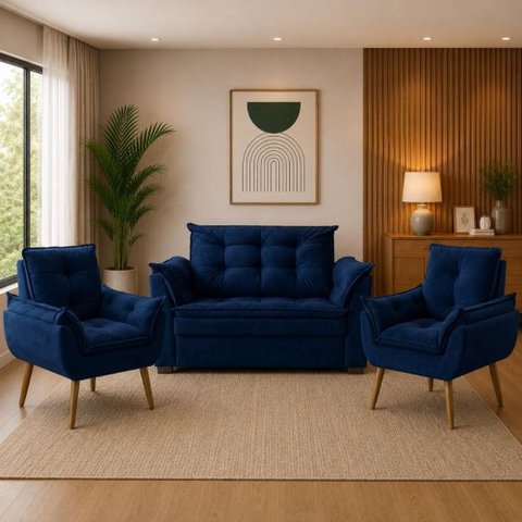Sofá 2 Lugares e 2 Poltrona Decorativa para Sala de Estar Suede Azul Marinho