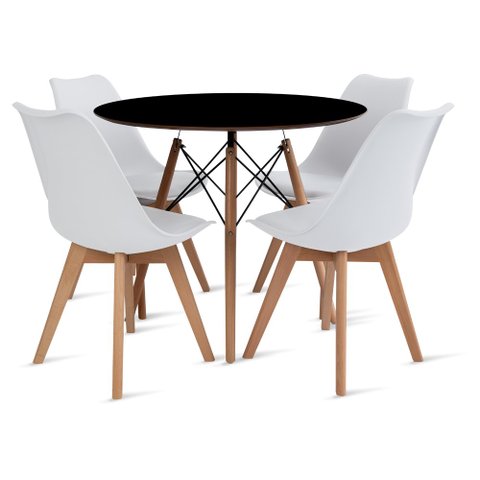 Conjunto Mesa Preta Eames 90cm e 4 Cadeiras Leda Branca