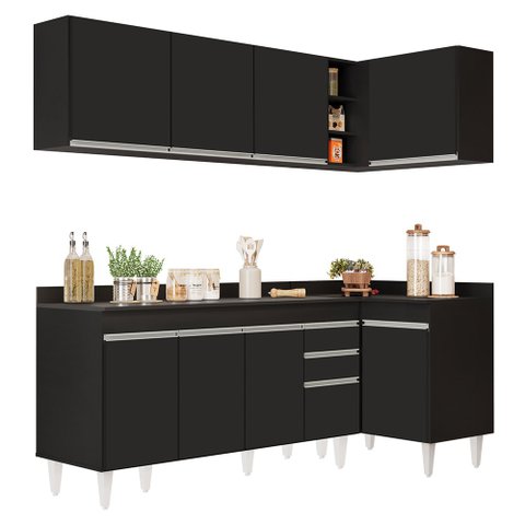 Armário de Cozinha Modulado de Canto Esquerdo 4 Peças Cp50 Balcão com Tampo Preto - Lumil Lumil Móve