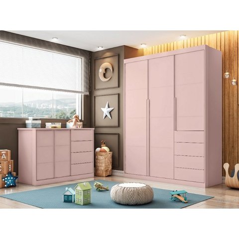 Jogo de Quarto com Guarda Roupa 3 Portas e 4 Gavetas + Cômoda 2 Portas e 4 Gavetas Pérola Rosê - Pho