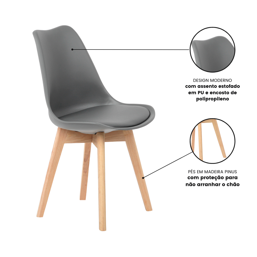 Kit 6 Cadeiras Jantar Eames Wood Leda Design Estofada Cinza - 7