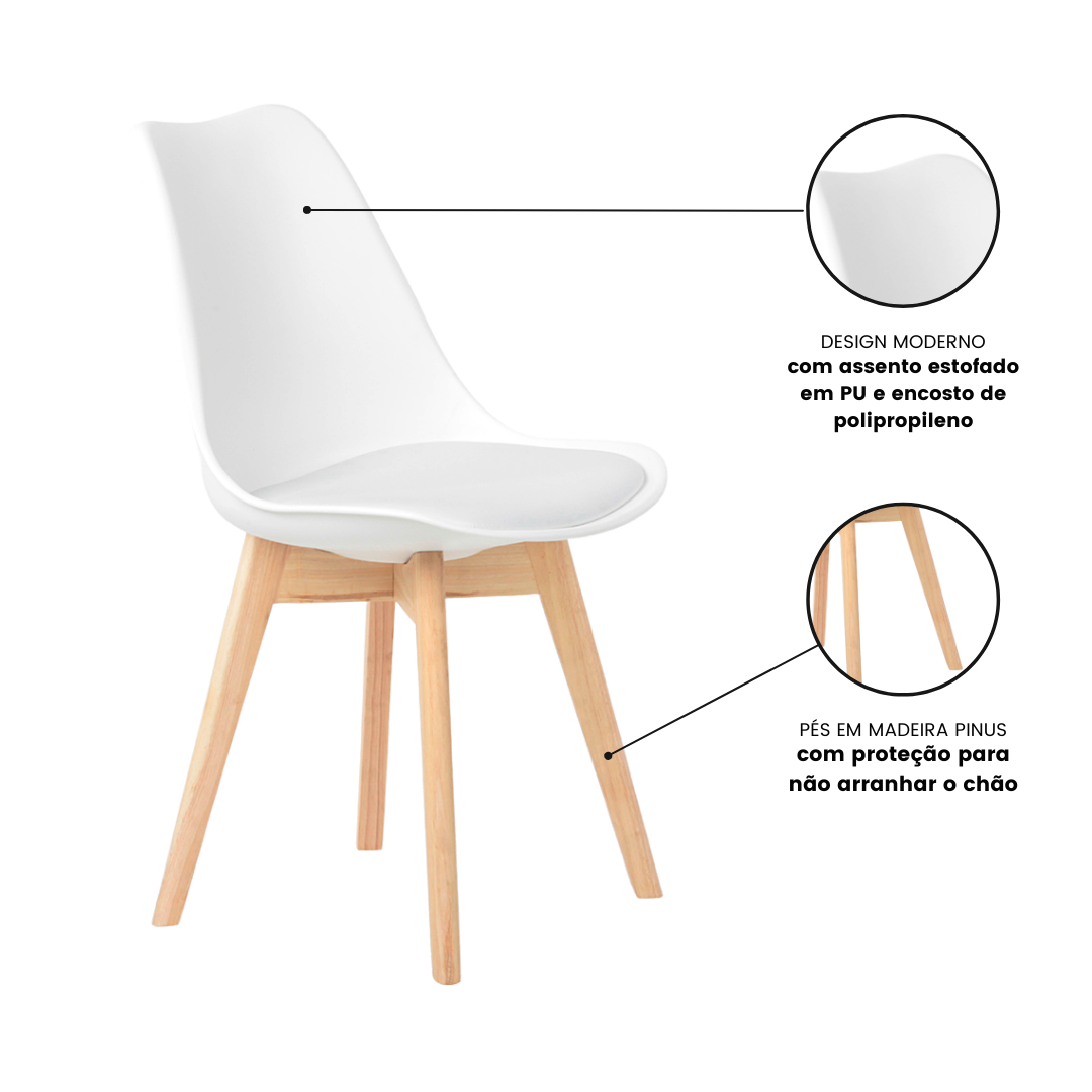 Kit 4 Cadeiras Jantar Eames Wood Leda Design Estofada Branca - 7