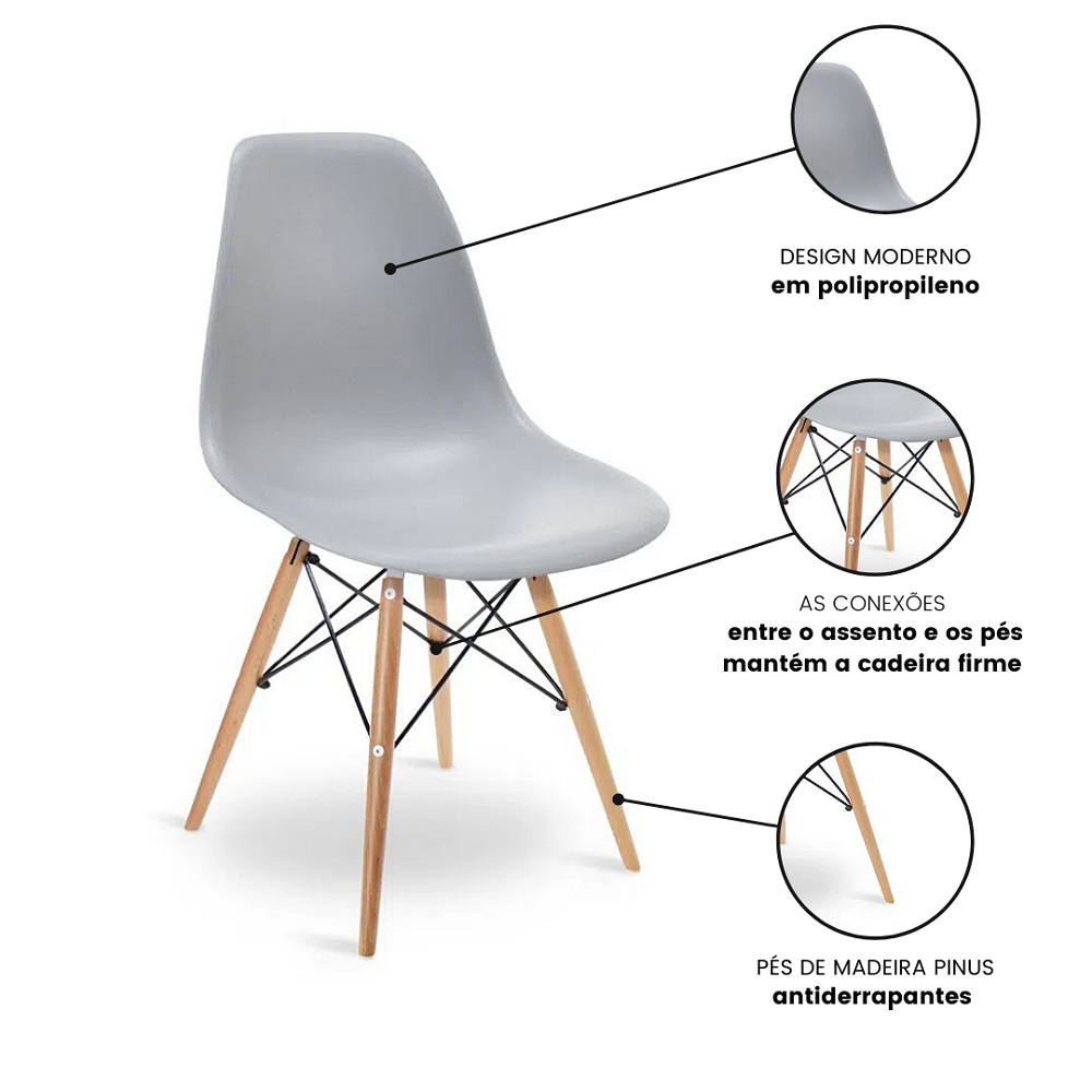 Kit 4 Cadeiras Charles Eames Eiffel Wood Design Jantar Cinza - 5