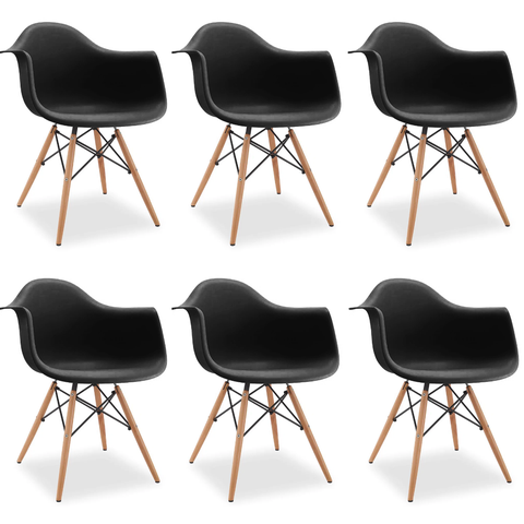Kit 6 Cadeiras de Jantar Charles Eames Wood Daw Braço Preta
