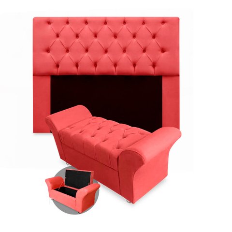 Kit Cabeceira Mirage + Calçadeira Baú Veneza Casal 140cm Suede - Ecotec Decor:Vermelho