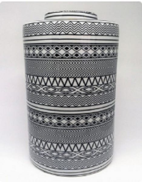 Potiche tribal de porcelana preto e branco - 33 x 21 cm - 1