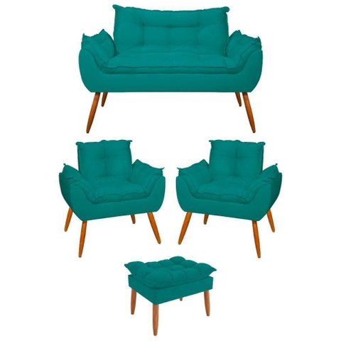 Kit 02 Poltronas + Namoradeira + Puff Opala Balaqui Decor Azul Turquesa