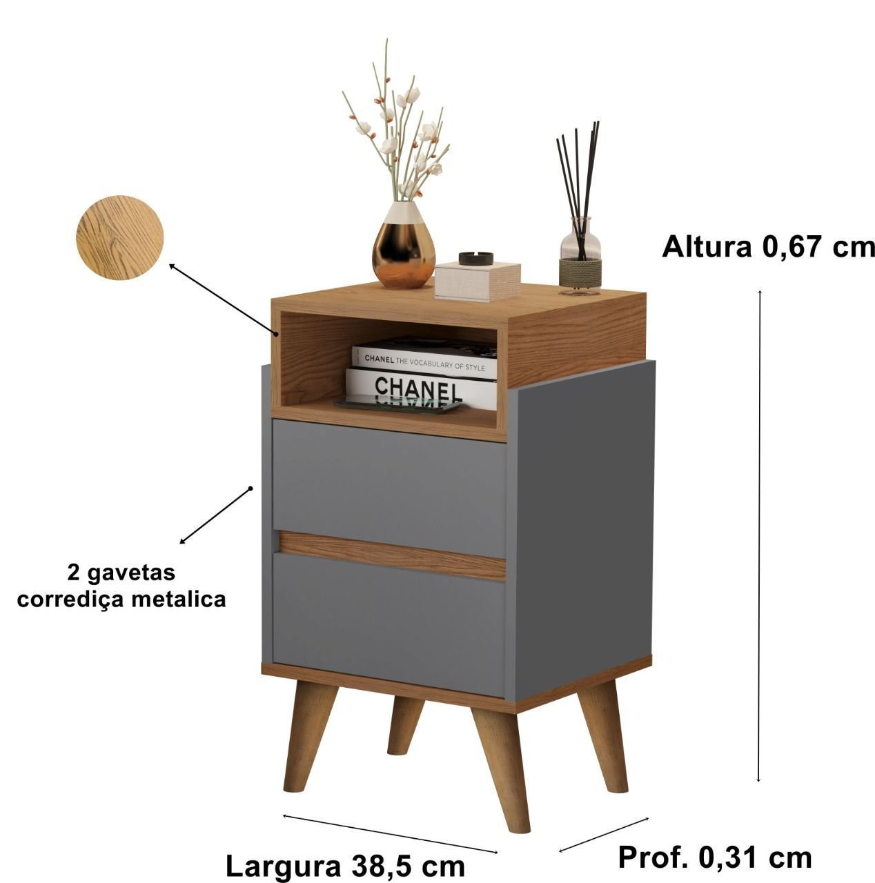 Kit 2 Mesas de cabeceira pés em madeira 2 gavetas e nicho 007 Onix/ Nature - 4