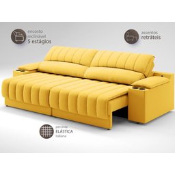 Sofá com Porta Copos e Carregador USB Retrátil e Reclinável Murano 2,00m Velosuede Canário - - 5