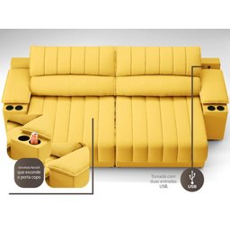 Sofá com Porta Copos e Carregador USB Retrátil e Reclinável Murano 2,00m Velosuede Canário - - 2