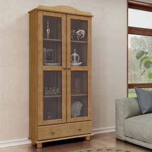 Armário Vitrine 2 Portas de Vidro Liso Incolor 1 Gaveta Rubi Freijó Madeira Pinus - Finestra