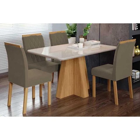 Conjunto: Mesa de Cozinha Maitê Tampo Madeirado C/ Vidro 130x80cm e 4 Cadeiras Juliana Nature/off