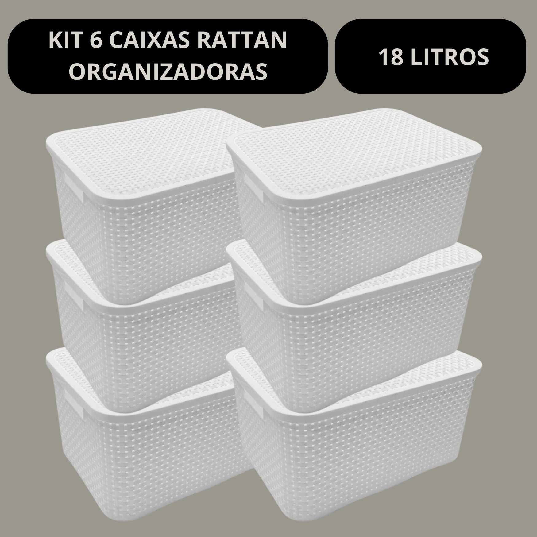 Kit 6 Caixas Organizadoras Multiuso Rattan 18 Lts com Tampa - 3