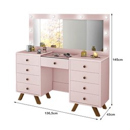 Penteadeira Mila Camarim com 8 Gavetas e Porta Joias e Maquiagem com Tampo de Vidro - Rose - 3