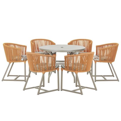 Mesa com 6 Cadeiras de Jantar Roma 120cm e Noronha em Alumínio Fendi Corda Náutica Estofado 6 Trama