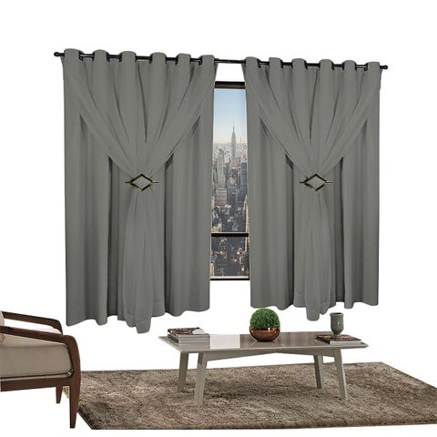 Cortina Corta Luz 2,00M x 1,60M 100% Blackout com Voil Cinza para Sala ou Quarto para Varão Simples