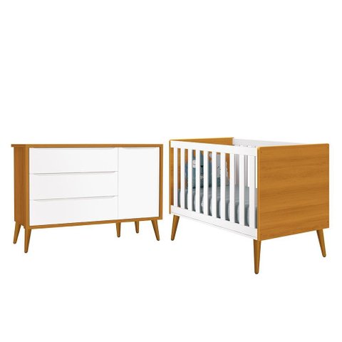 Jogo de Quarto Infantil Theo Retrô Cômoda 1 Porta e Berço Branco/Savana com Pés Amadeirado -