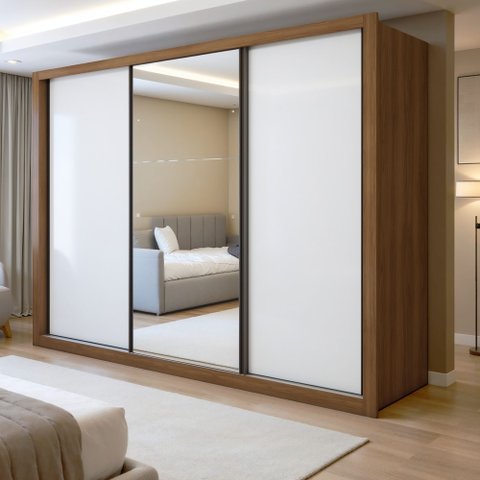 Guarda Roupa Casal com Espelho Premium Liv 3 Portas de Correr e 6 Gavetas 242cm Yescasa Branco/Carvalho