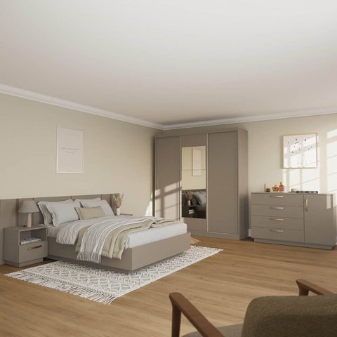 Kit Guarda Roupas 3 Portas, Cama Casal e Complementos de Quarto Araçá CabeCasa MadeiraOriginals Cinza/Fendi