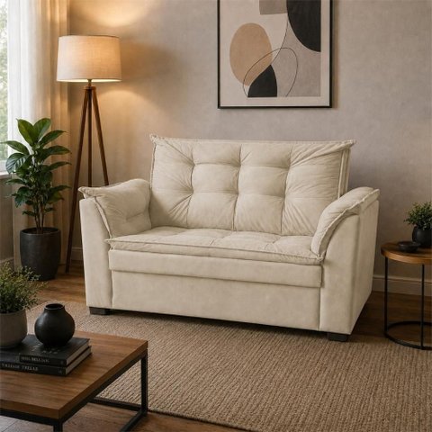 Sofá Alice 2 Lugares Fixo 140cm Bege Suede Premium Compacto para Apartamento