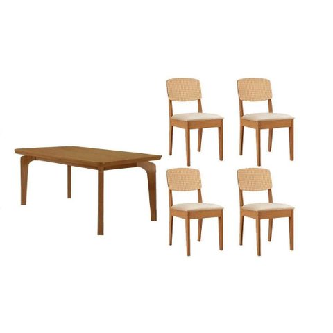 Conjunto: Mesa Sala Jantar Londrina Tampo Curvo 120cm+4 Cadeiras Havana Naturale - Suede Creme -