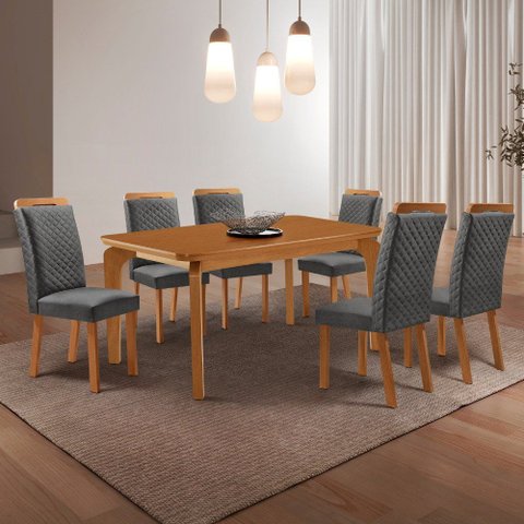 Mesa de Jantar Liz 180cm Tampo MDF Laminado Canto Copo com 6 Cadeiras Lorena