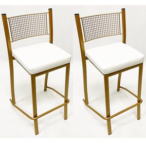 Kit 2 Peças Banqueta Média para Bancada Empilhável cor Dourado Fosco assento branco Altura 65cm