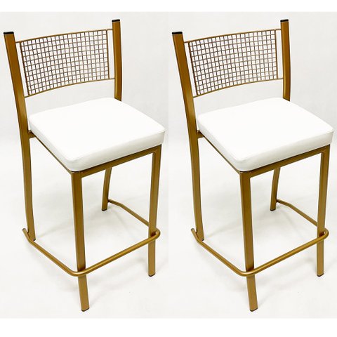 Kit 2 Peças Banqueta Média para Bancada Empilhável cor Dourado Fosco assento branco Altura 65cm