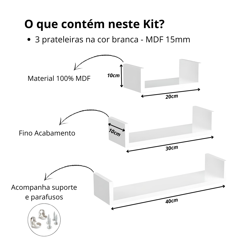 3 Prateleira Nicho U 40/50/60 Branco 100% Mdf Decorativo - 2