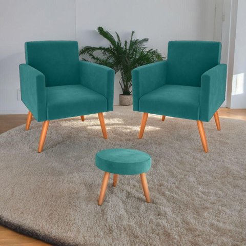 Jogo de Poltronas e Puff Renoir Veludo Espuma D20 Apoio para Os Braços Verde Menta 2 Poltronas e 1