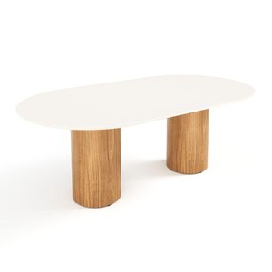 Mesa de Jantar West 270cm X 100cm 10 Lugares Lâmina Natural de Madeira Off White Vidro