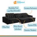Ver imagem 4 de Sofá Retrátil Reclinável 7 Lugares 350cm com Pillow Veludo Preto Alasca Megasul