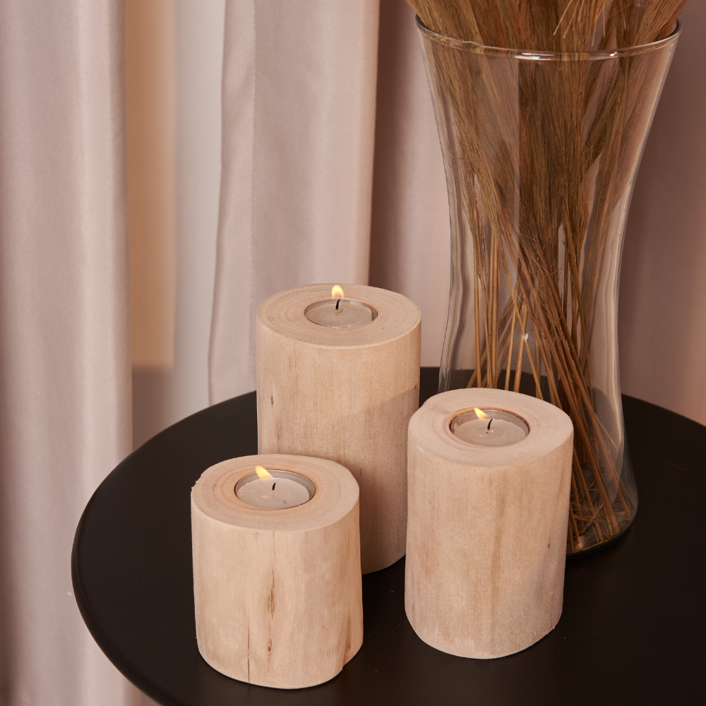 Trio de velas decorativas de tronco de eucalipto