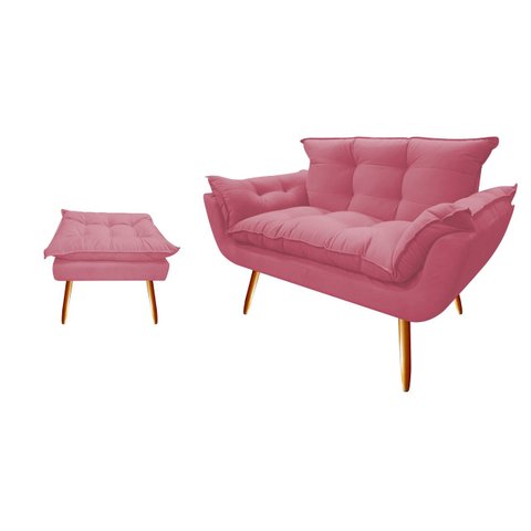 Kit Namoradeira +1 Puff Puf Decorativo Opala Suede Rosa Pés Madeira Ms Decor